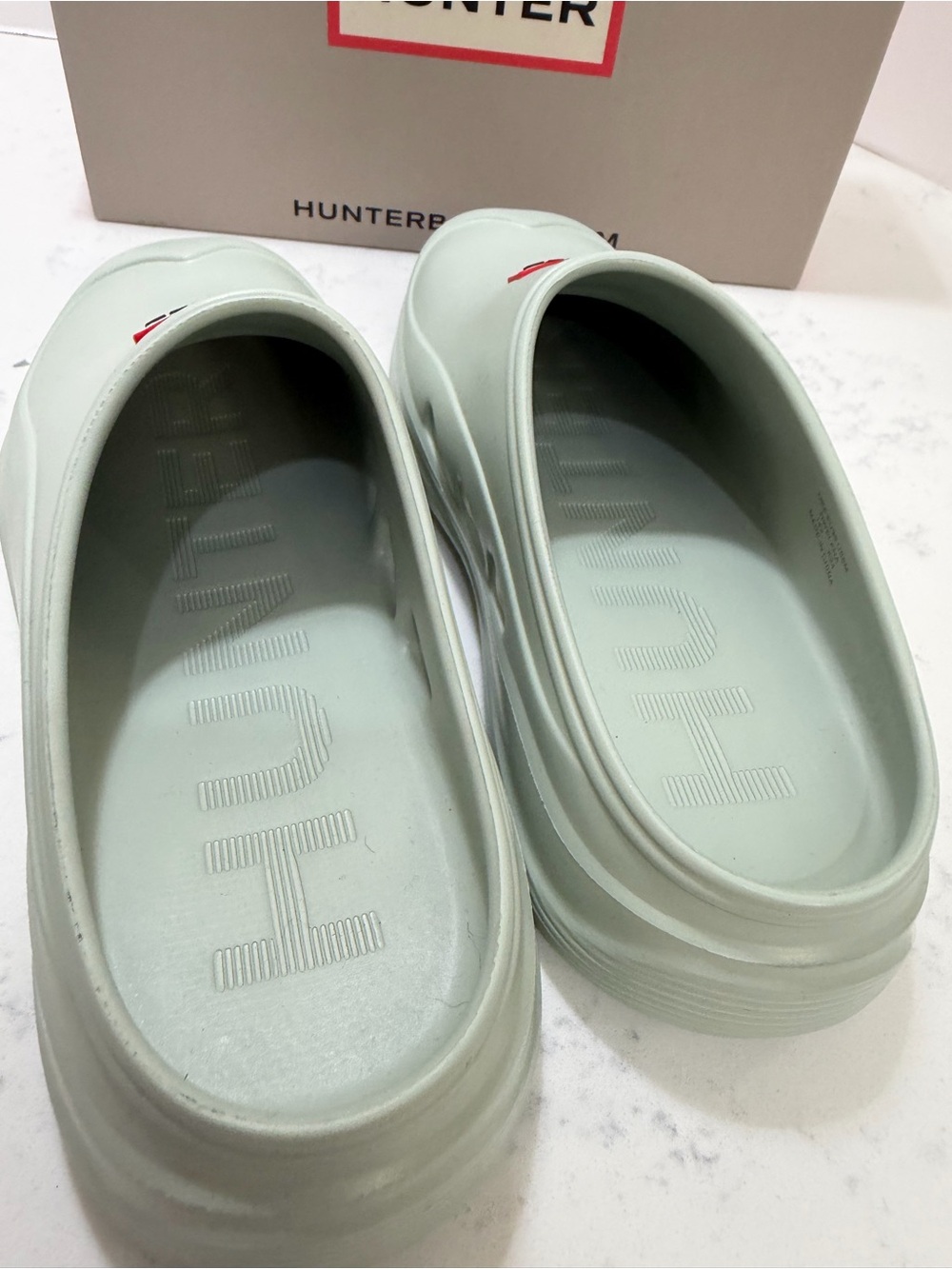 Hunter Light Green Slip-On Clogs with Red Logo Accents - Picture 5 of 9